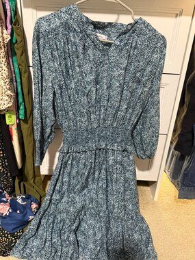 Rebecca Minkoff Blue Printed Smocked Waist Dress Size S | Boho Long Sleeve Midi